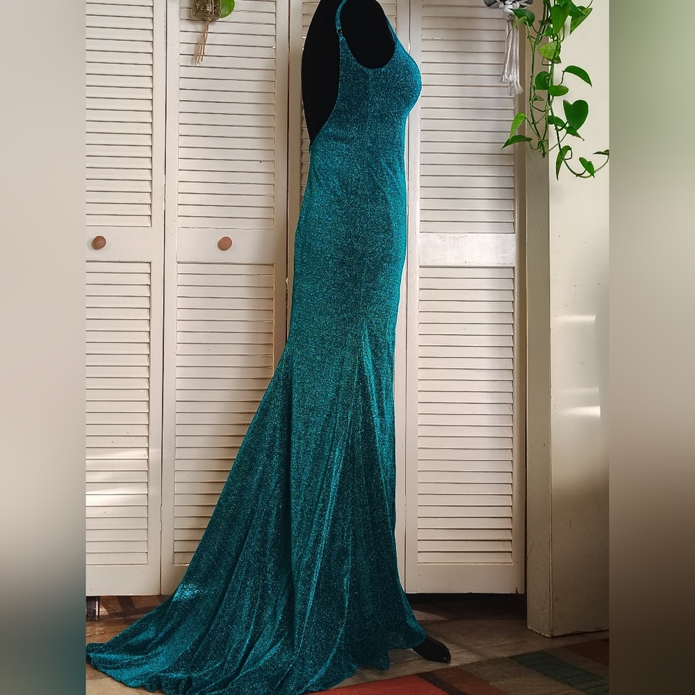 Stunning Teal Glitter Prom Dress with High Slit Size 4 – Like New - Picture 2 of 15
